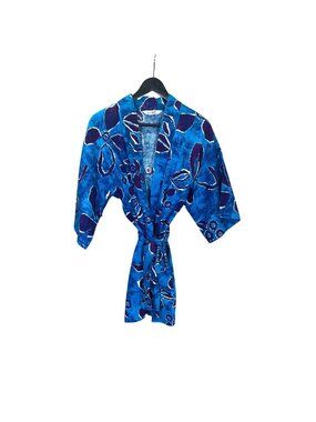 Vintage 70s Black Floral Short Robe Open Size